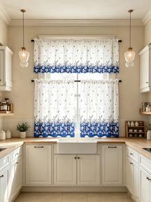 Set 3 Buah Tirai Dapur Pendek Motif Bunga Biru, Gaya Pedesaan untuk Jendela Kecil, Dekorasi Rumah untuk Dapur dan Kedai Kopi - MultiWarna - View 1