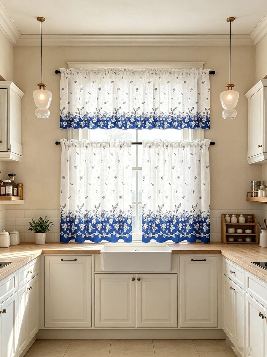 Set 3 Buah Tirai Dapur Pendek Motif Bunga Biru, Gaya Pedesaan untuk Jendela Kecil, Dekorasi Rumah untuk Dapur dan Kedai Kopi - MultiWarna - View 1