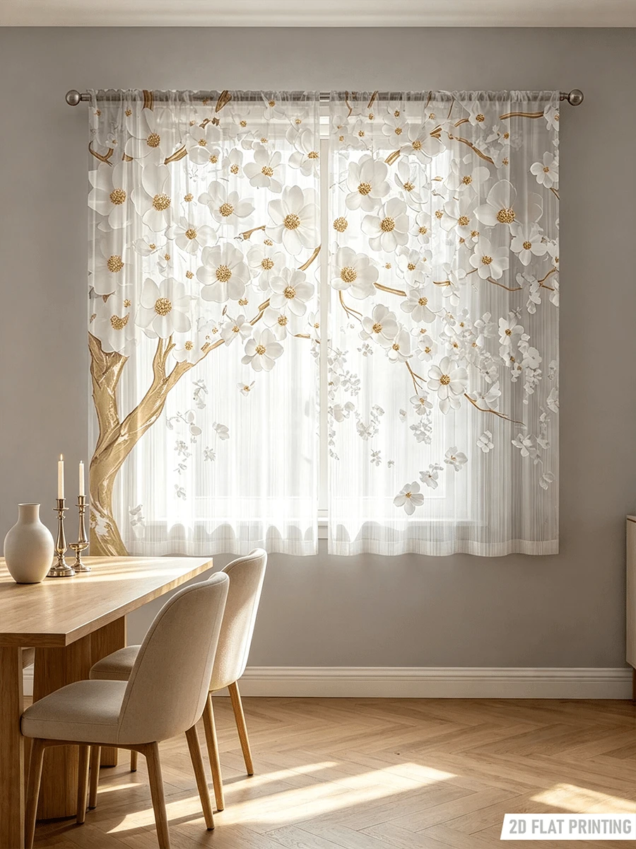 2 Stücke weiße & goldene Blumenmuster transparente Vorhänge, luxuriöse chinesische Stil Heimdekoration Vorhänge, Stangendurchzug, geeignet für Küche, Café, Restaurant, Balkon, Garten, Schlafzimmer, Vintage Raum Vorhänge, Landhausstil Vorhänge, 2D Flachdruck - Verschiedenfarbig - Übersicht 1