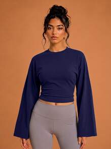 Never me Women's Navy Blue Round Neck Wide Flare Long Sleeve Cropped Top With Side Ruched Waist, Fitness Base Layer - Navy Blue - View 4