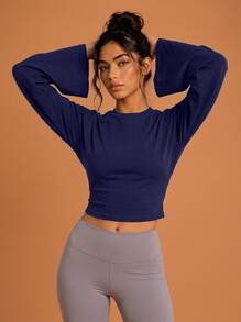 Never me Women's Navy Blue Round Neck Wide Flare Long Sleeve Cropped Top With Side Ruched Waist, Fitness Base Layer - Navy Blue - View 7