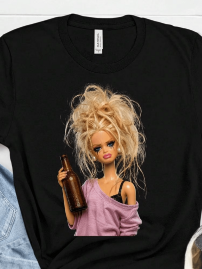 Disheveled Chaotic Blonde Party Doll Meme Cotton Graphic Tee Summer Holiday Matching Going Out Casual Top For Women