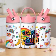 1pc 12oz Portable Leak-Proof Drop-Resistant With Handle Ring 304 Stainless Steel Straw Insulated Tumbler, Energetic Cute American Graffiti Style White Background Rainbow Heart Care Bears Full Print Pattern, Cylindrical Flip Lid Travel Cup, Long-Lasting Cold And Hot Retention, Car And Desk Water Cup, Student School Commute Birthday Valentine's Day Christmas Gift - Multicolor - View 3
