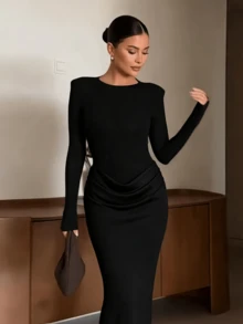 Elegant Black Long Sleeve Round Neck Pleated Satin Dress - Black - View 4