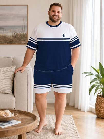 Plus Size Men's T-Shirt & Shorts Set, Casual Classic Navy Style Blue & White Layered Thin Horizontal Stripes With Sailboat Logo, Loose Fit Short Sleeve Short Pants, 2-Piece Loungewear For Beach, Outdoor, Home