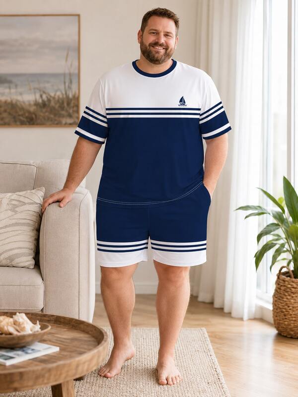 Plus Size Men's T-Shirt & Shorts Set, Casual Classic Navy Style Blue & White Layered Thin Horizontal Stripes With Sailboat Logo, Loose Fit Short Sleeve Short Pants, 2-Piece Loungewear For Beach, Outdoor, Home