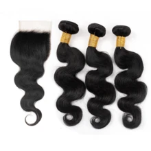 BingShang Body Wave 3 Bundles With Closure Brazilian 12A Unprocessed Virgin Human Hair 4x4 Free Part Closure Body Wavy Human Hair Bundles With Closure Natural Color Free Part HD Lace Transparent - 1B - View 14