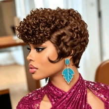Wig Rambut Manusia Pendek Keriting Buatan Mesin Sepenuhnya, Wig Bob Potongan Pixie Hitam Alami untuk Wanita, Rambut Manusia Lembut Keriting Pendek untuk Penggunaan Sehari-hari - MultiWarna - View 9