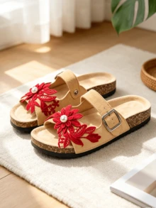 roulvxiang Women's Cork Footbed Slide Sandal, Arch Support Summer Outdoor Sandals With Adjustable Buckle - Apricot - View 2