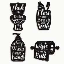 2D Flat, 4pcs Wooden Bathroom Scrub Brush Sign Set, Black And White Bathroom Decor, Suitable For Home/Laundry Room Vintage Wall Art - Multicolor - View 1