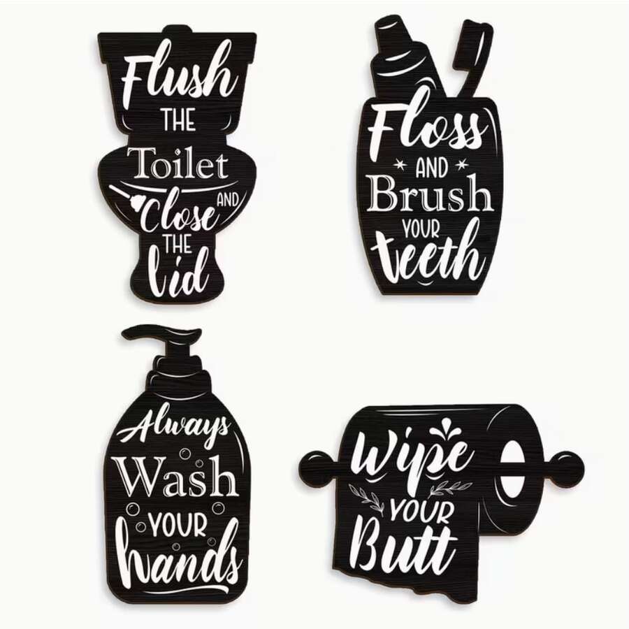 2D Flat, 4pcs Wooden Bathroom Scrub Brush Sign Set, Black And White Bathroom Decor, Suitable For Home/Laundry Room Vintage Wall Art - Multicolor - View 1