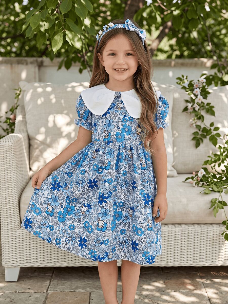 Girls' Summer Sweet Fresh Dress With Delicate Ditsy Floral And Rabbit Print, Puff Sleeves, Casual Cute Dress For Outings