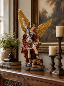 St. Michael Decorative Statue, Hand-Painted Guardian Angel Sculpture With Sword, Golden Wings And Red Cloak, Christian Religious Home Decor, Suitable For Living Room, Bookshelf, Entryway, Prayer Corner, Housewarming Gift - 1PC - View 7