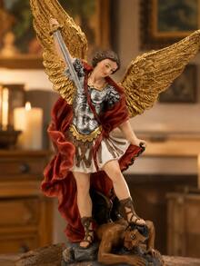 St. Michael Decorative Statue, Hand-Painted Guardian Angel Sculpture With Sword, Golden Wings And Red Cloak, Christian Religious Home Decor, Suitable For Living Room, Bookshelf, Entryway, Prayer Corner, Housewarming Gift - 1PC - View 4