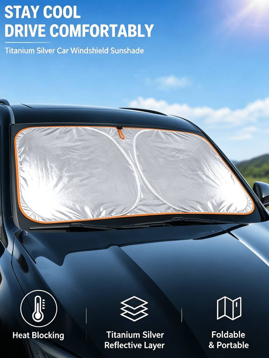 可折疊鈦銀色汽車擋風玻璃遮陽簾，橘色滾邊，防紫外線隔熱，便攜式前窗遮陽簾，適用轎車 SUV，夏季汽車配件