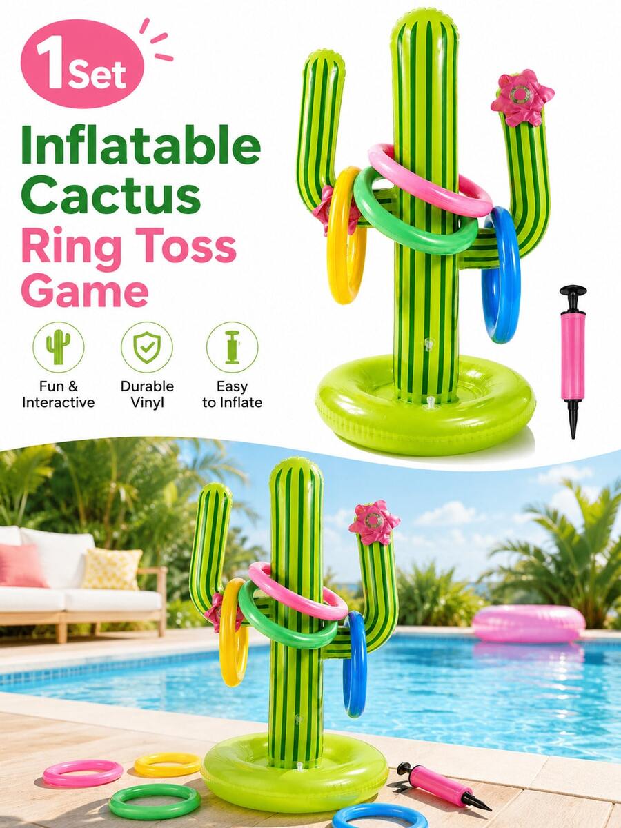 1 Set Green Inflatable Cactus Ring Toss Game, Includes 4 Colorful Rings And Hand Pump, Summer Beach Pool Party Activity, Outdoor Lawn Water Party Supplies, Birthday Carnival Game Decoration, Family Gathering Backyard Garden Fun Prop Accessory - Inflatable Cactus Ring Toss - View 1