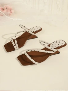 French Polka Dot Thin Strap Asymmetric Wedge Heel Slides, Square Toe Open Toe Design, Slimming High Heel Sandals For Dating, Party And Outdoor Wear - White - View 2