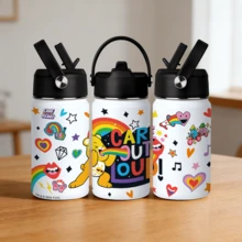 1pc 12oz Portable Leak-Proof Drop-Resistant With Handle Ring 304 Stainless Steel Straw Insulated Tumbler, Energetic Cute American Graffiti Style White Background Rainbow Heart Care Bears Full Print Pattern, Cylindrical Flip Lid Travel Cup, Long-Lasting Cold And Hot Retention, Car And Desk Water Cup, Student School Commute Birthday Valentine's Day Christmas Gift - Multicolor - View 5
