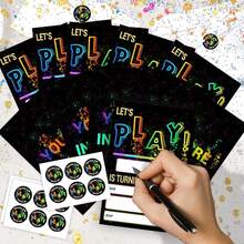 Colorful Fillable Party Invitation Set With Matching Envelopes, Black Confetti Design Blank Invite Cards For Birthday Bash Game Party Reunion Decor - A - View 3