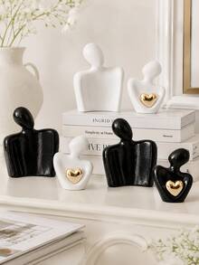 Ins Style Abstract Couple Resin Statue Set With Gold Heart, 3 Colors Available, Living Room And Bedroom Decor, Couple And Graduation Gift - Holding a Peach Heart - View 9