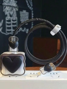 5件裝粉色愛心形充電線保護套 18W/20W快充軟殼保護套 16/15/14/13充電器保護套，理想禮物 - 黑色 - 查看 3