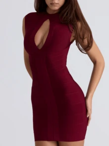 Gaun Pendek Bodycon Elegan dengan Leher Bulat Berongga dan Pinggang Terikat - Burgundy - View 4