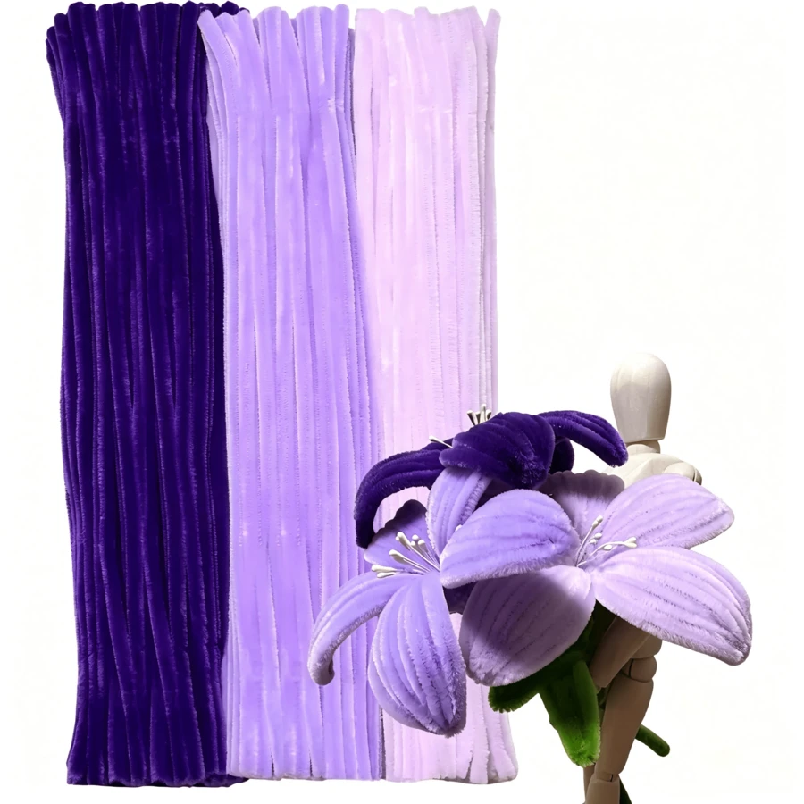 150/300 pièces Tiges de chenille dégradé violet mélangé, tiges de fleurs en chenille violet foncé douces et moelleuses pliables, bâtons d'artisanat en peluche flexibles, convient pour les bouquets de lys et de tulipes DIY, la décoration florale faite main pour la maison, les décorations de fête, les matériaux d'artisanat DIY - Multicolore - Voir 1