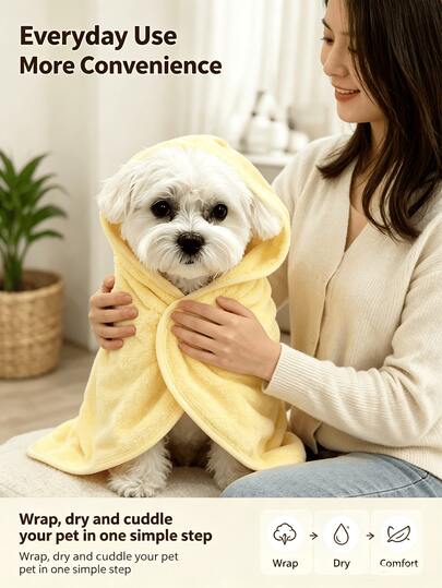 Cute Solid Color Hooded Pet Bath Towel Coral Fleece Quick Dry Warm Bathrobe, Suitable For Small Dogs After Bathing Or Swimming
