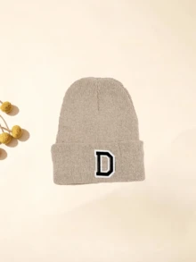 1 Pc Neutral Beige Unisex A-Z Letter Knit Beanie, Stretch Fit Custom Thermal Skull Ribbed Cuffed Cap Fit KidsTo Teenagers Daily Outdoor - Beige - View 9