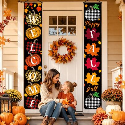 Autumn Welcome Banner: Pumpkin And Leaf Design, Perfect Thanksgiving And Harvest Season Decoration For Your Home Entrance
