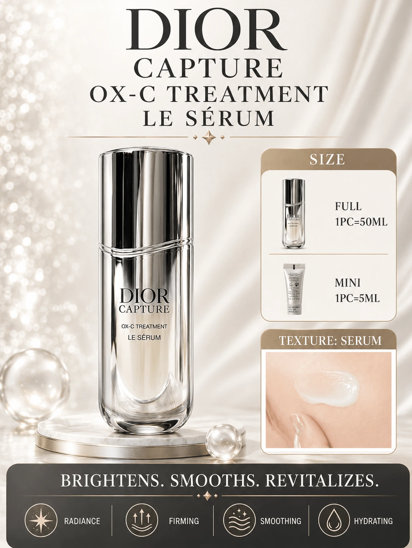 Dior Revitalizing Energy Serum 賦活能量精華液，50ml 正裝/5ml 試用裝，抗老、淡化皺紋與緊緻，乳液質地，適合所有膚質
