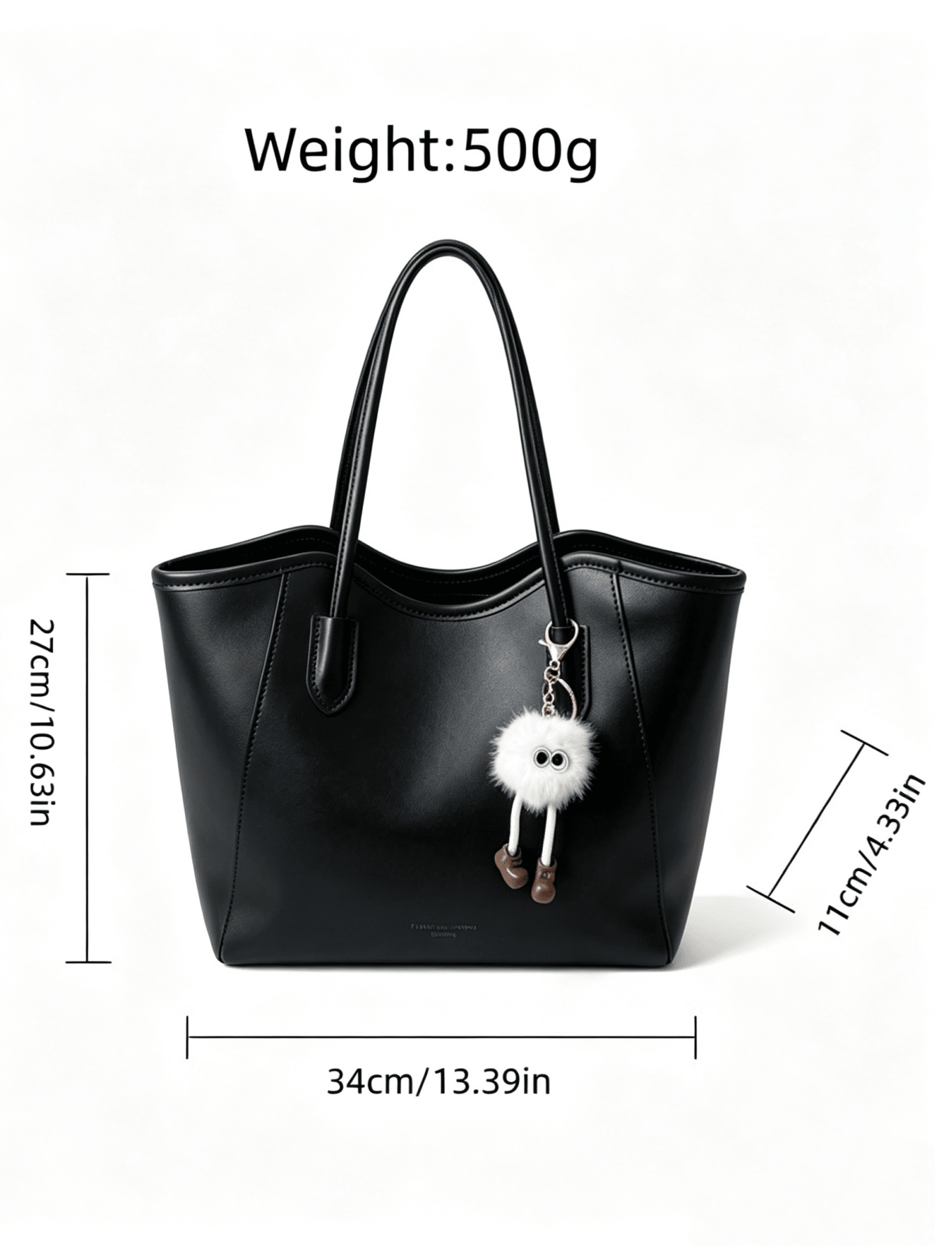 Women's Shoulder Tote Bag, Solid Color/Two-Tone, Plush Monster Doll Pendant, Zipper Large Capacity, Sweet Commute Daily Work Shopping Handbag - Black - View 6