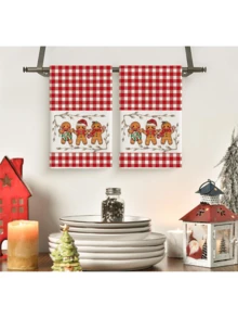 2 Stücke rote karierte Weihnachtsküchentücher, süße Lebkuchenmann Zuckerstange bedruckte Geschirrtücher, Landhausstil Weihnachts-Küchendekoration Geschenk - Rot-Weiß - Übersicht 7