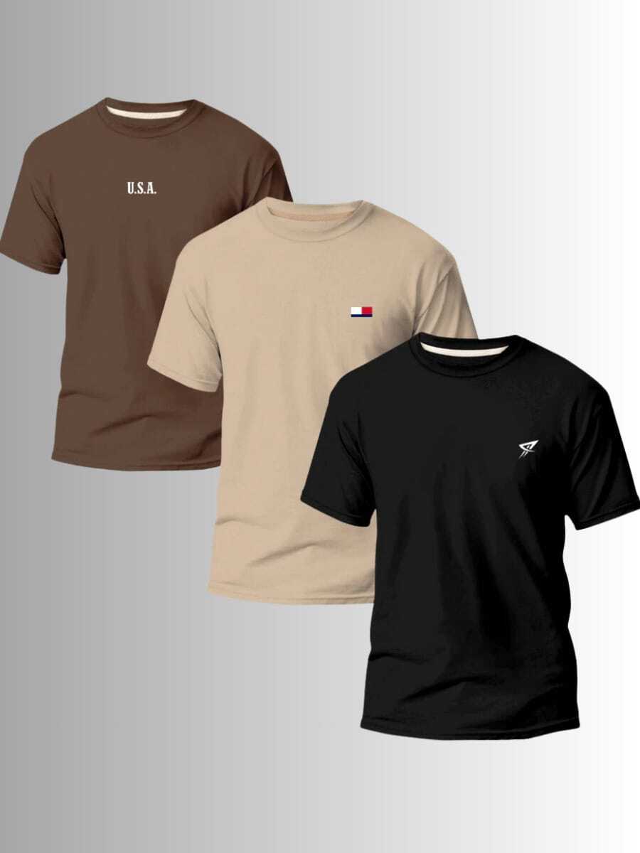 Kit 3 camisetas masculina 100% algodão gola redonda fio 30.1 básica estilosa minimalista - Preto-Marrom-Caqui - Visão 1