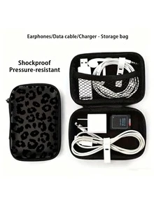 Black Leopard Print EVA Hard Shell 4.3-Inch Compact Storage Case - Travel Protective Storage Bag, Suitable For Electronic Accessories, Earphones, Hard Drives And Data Cables; Anti-Drop Zipper Pouch (Case Only) - Multicolor - View 3