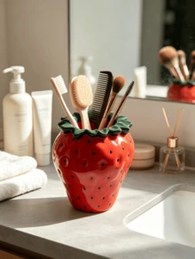1pc Cute Strawberry Shaped Multi-Functional Storage Box, Red And Pink Available, Makeup Brush Holder, Decorative Vase, Desktop Pen Holder, Vanity Decor, Bedroom Desktop Storage, Dorm Essentials, Aesthetic Home Decor, Gift For Girls - Multicolor - View 5
