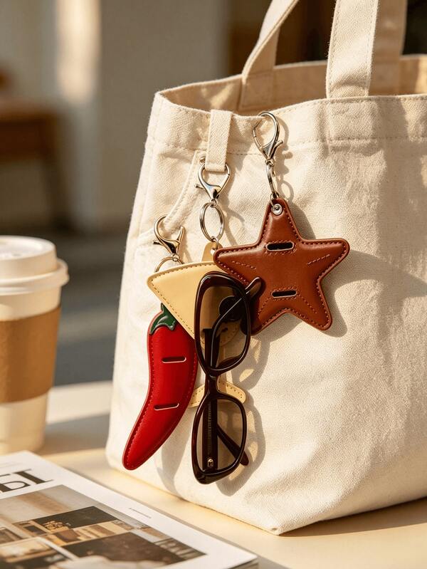 Portable Anti-Loss Glasses Storage Set, Long Neck Hanging Leather Fashion Glasses Case + Martini Star Chili Shaped Glasses Clip Keychain Pendant, Unisex