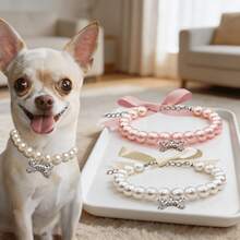 1/2pcs Pearl Necklace With Rhinestone Bone Decoration, (Recommend Measuring Pet Neck Size Before Ordering) Suitable For Cats And Dogs, Fashionable Cat Wedding Collar Accessory, Suitable For Girls, Cats, Small And Medium Dogs - Multicolor - View 6