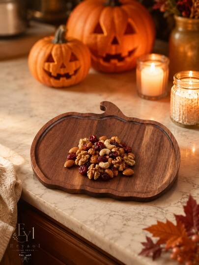 Natural Wood Pumpkin Shape Serving Tray, Food-Contact Rustic Platter For Halloween, Thanksgiving, Christmas And St. Patrick's Day Kitchen Decor