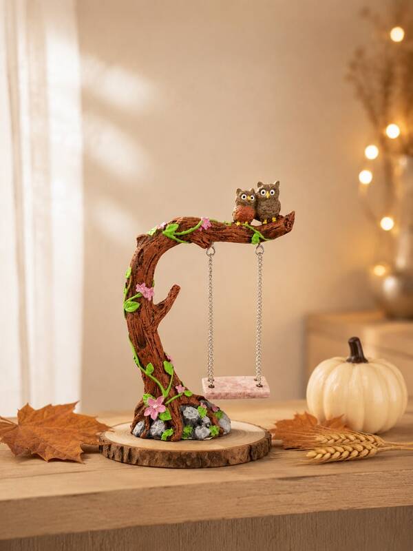 1 pieza Figura de resina de pareja de búhos lindos en columpio de rama de árbol, adorno de escritorio de bosque para sala de estar, dormitorio, escritorio de oficina, estantería y decoración de mesa del hogar