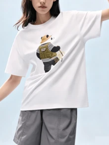 CAMEL CROWN Panda Print Quick-Dry Short Sleeve T-Shirt, Unisex Loose Fit Crew Neck Top, Soft Skin-Friendly Breathable, Suitable For Spring, Summer And Autumn - White Cobblestone - View 4