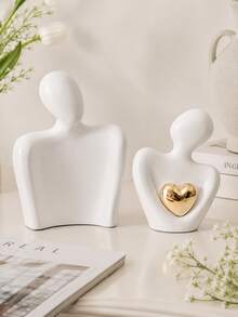 Ins Style Abstract Couple Resin Statue Set With Gold Heart, 3 Colors Available, Living Room And Bedroom Decor, Couple And Graduation Gift - Holding a Peach Heart - View 2