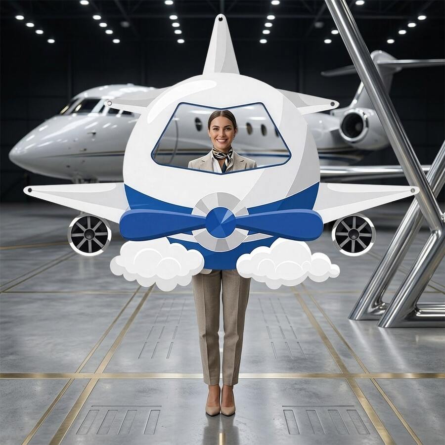 1pc Blue And White Cartoon Airplane Hollow Background Cloth, White And Blue Airplane Design, Birthday Party Interactive Photo Prop, Aviation Science Lesson Decoration, Aviation Theme Exhibition Photo Spot, Parent-Child Fun - Blue and White Airplane - View 1
