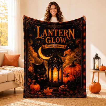 1 chiếc chăn nỉ mềm ấm chủ đề Halloween họa tiết đèn lồng vintage, mèo đen và bí ngô, dùng để ngủ trưa, phù hợp cho sofa, văn phòng, giường, cắm trại, du lịch, quà tặng đa năng cho ngày lễ, sinh nhật và hàng ngày