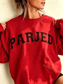 Women's Casual Letter Print Oversized Pullover Sweatshirt, Loose Fit Crew Neck Long Sleeve Hoodie, Fall Outfits For Airport, Back To School,Unisex-L91 - 紅色 - 查看 12