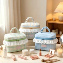 Girly Sweet Frill Trim Plaid Makeup Box Fresh INS Style Skincare & Cosmetics Storage Bag Large Capacity Toiletry Bag With Handle - Multicolor - View 2