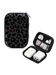 Black Leopard Print EVA Hard Shell 4.3-Inch Compact Storage Case - Travel Protective Storage Bag, Suitable For Electronic Accessories, Earphones, Hard Drives And Data Cables; Anti-Drop Zipper Pouch (Case Only) - Multicolor - View 2