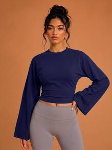 Never me Women's Navy Blue Round Neck Wide Flare Long Sleeve Cropped Top With Side Ruched Waist, Fitness Base Layer - Navy Blue - View 5