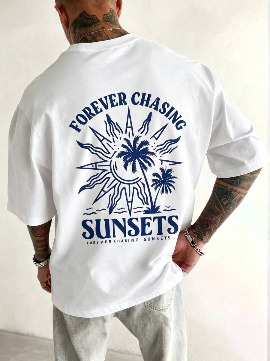 Fashionable Casual Vacation Style Coconut Tree & Letter Graphic Pattern Slim Fit Round Neck Short Sleeve T-Shirt For Men, Suitable Fo - 魏斯 - 查看 1