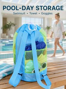 Bolsa de playa/mochila de malla grande, resistente y a prueba de arena, con cierre de cordón, adecuada para almacenar equipo de natación, juguetes de piscina, pelotas y talla grande, aísla la arena y la humedad de manera efectiva, esencial para camping, viajes y vacaciones - Multicolor - Ver 9
